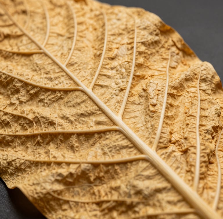 Extreme macro shot of raw, golden-brown tobacco leaves showing detailed vein structure and texture, high-contrast industrial lighting