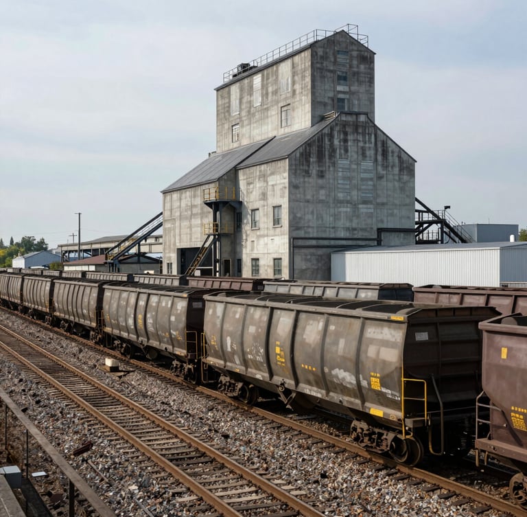 Wide panoramic industrial railhead with bulk hopper cars lined up under overcast daylight, massive concrete grain elevators in the background, high contrast.