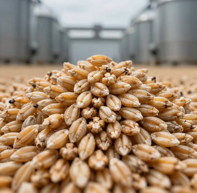 Macro close-up of golden barley grains piled high inside an industrial storage bay, sharp focus on grain texture, cool overcast lighting
