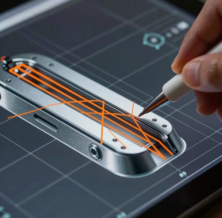 Extreme close-up of a digital stylus drawing on a pressure-sensitive screen, displaying sharp orange vector lines instantly rendering into a cool-toned metallic industrial product design with technical CAD grid overlays.