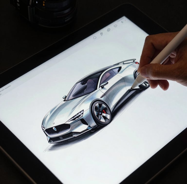 Macro shot of a high-end digital drawing tablet screen in a dark studio. Cool screen-glow illuminates a hand sketching an automotive concept, showing real-time material textures rendering under the stylus tip.