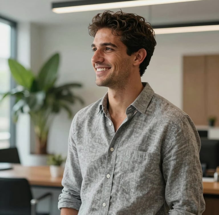 Retrato natural de Milton Hernández con camisa gris de lino arremangada, sonriendo de medio lado en una oficina moderna y luminosa con plantas al fondo