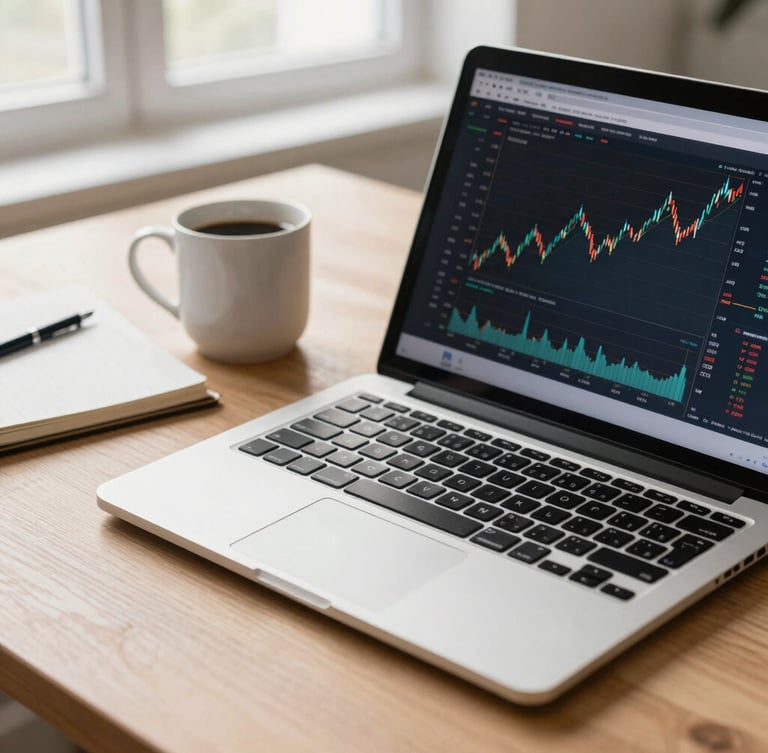 Close-up of a clean modern workspace with a laptop displaying financial charts, a ceramic coffee mug, and a notebook on a light oak desk, soft morning window light.