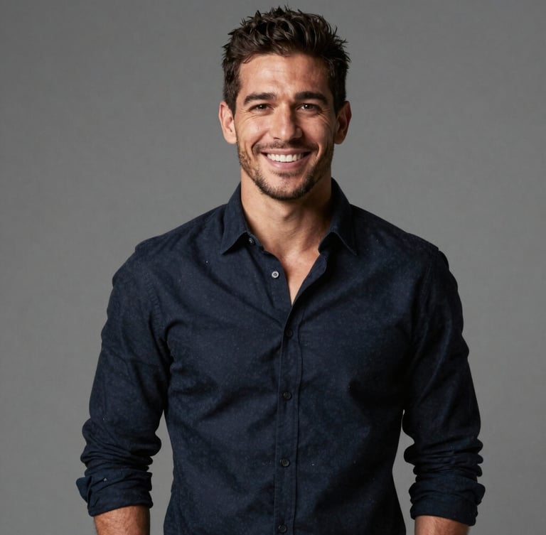 Retrato profesional de Milton Hernández con camisa oscura de mangas arremangadas, sonriendo de forma natural en un estudio luminoso con fondo gris neutro.