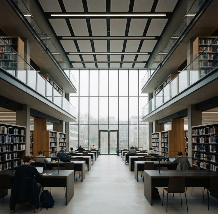 Symmetrical architectural shot of a modern university library interior, soft diffused overcast daylight, quiet study spaces, 35mm
