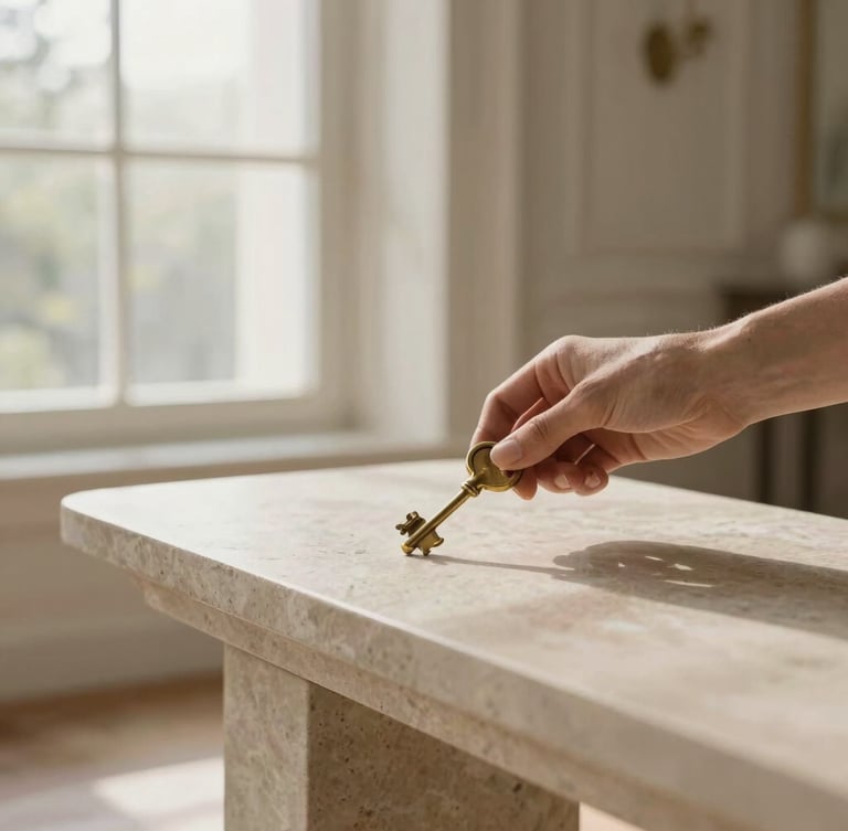 Close-up of hands placing brass keys on a pristine stone console table, soft morning daylight, elegant luxury home interior