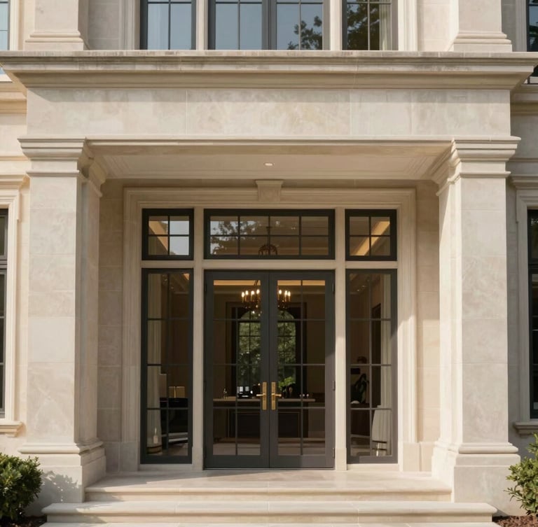 Warm editorial photography of a premium stone villa entrance, soft natural window light, muted elegant tones, architectural symmetry, high-end interior design, 35mm