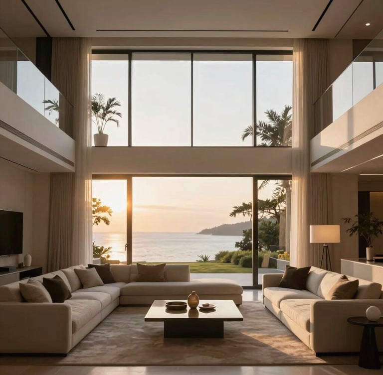 Symmetrical architectural shot of a modern luxury villa living room, warm golden hour light filtering through large floor-to-ceiling windows, minimalist design, elegant furniture, 35mm.
