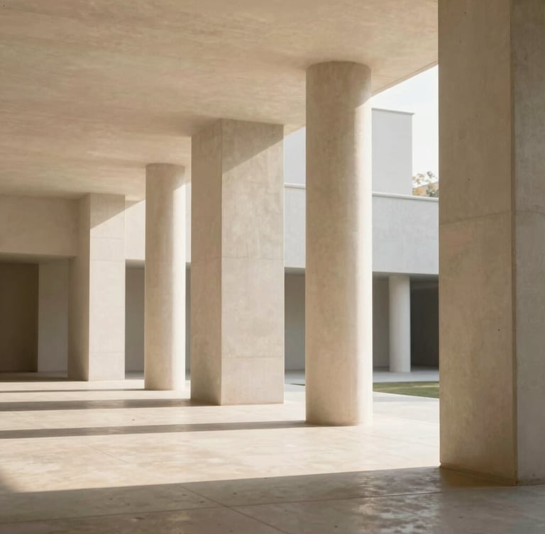 Architectural space with soaring heights and natural light, clean concrete pillars, warm morning sun casting long shadows, editorial photography, 35mm lens.