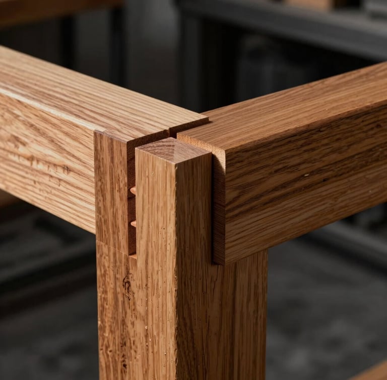 Close-up of a precision-cut mortise and tenon joint in warm teak wood, sharp focus on the interlocking grain, industrial workshop background with charcoal shadows.