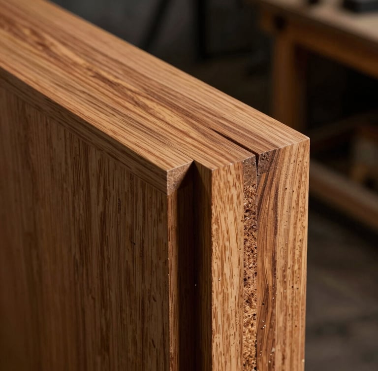 Macro close-up of a perfectly fitted mortise and tenon joint in warm teak wood, sharp focus, industrial workshop background with dramatic side-lighting cutting through subtle dust, highlighting the rich wood grain texture.