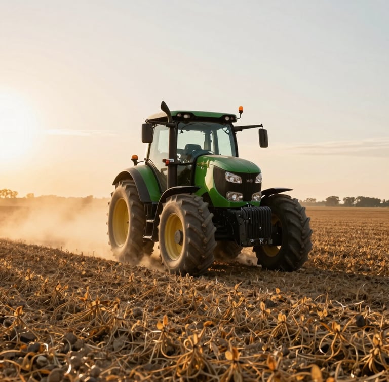 Wide-angle shot of a modern green tractor driving through a dusty soybean field at golden hour, kicking up dust, warm sunlight flare