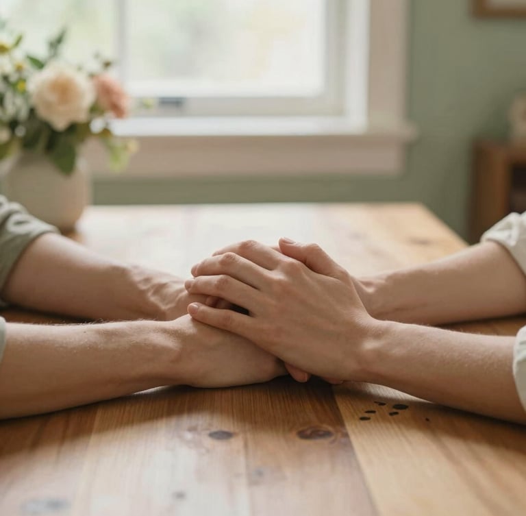 warm editorial photography, close-up of two hands resting together on a wooden dining table next to a subtle floral arrangement, soft natural window light, sage green and warm cream tones