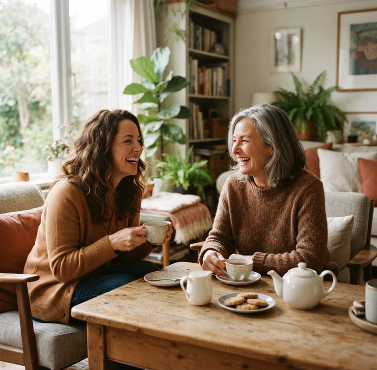 warm editorial photography, candid moment of an adult daughter and her mother laughing together over tea in a comfortable sunlit living room, soft natural window light, inviting earth tones, shallow depth of field