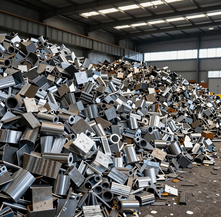 A modern metals recycling facility with sorted high-contrast piles of steel and aluminum under bright warehouse lighting