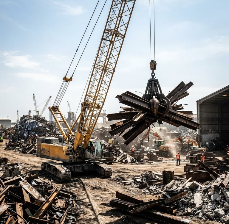 Wide shot of a heavy-duty yellow crane lifting massive scrap metal beams in an industrial yard under harsh midday sun, realistic grit, high contrast