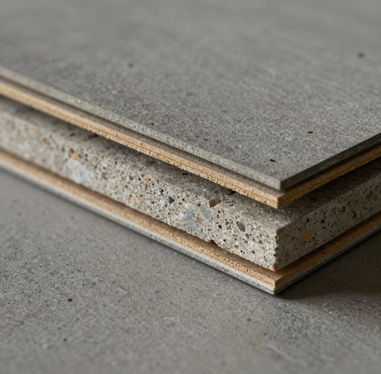 Close-up macro shot of a photorealistic 3D render of SPC flooring cross-section, showing internal layers and stone-polymer composite density, sharp focus, architectural lighting.