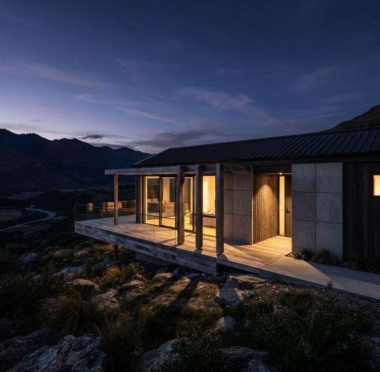 Wide-angle architectural photography of a modern modular home exterior at twilight, casting sharp geometric shadows. Desaturated concrete and timber tones, sharp focus, Hasselblad medium format. The home is set in a dramatic natural landscape, with expansive sky.