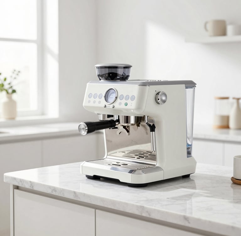 Bright high-key kitchen interior with a modern espresso machine on a clean marble countertop, sunlight streaming through a window, modern retail aesthetic