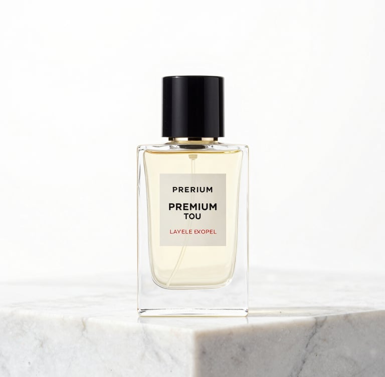 Premium luxury perfume bottle sitting on a clean marble surface with bright studio light, sharp focus, modern retail aesthetic