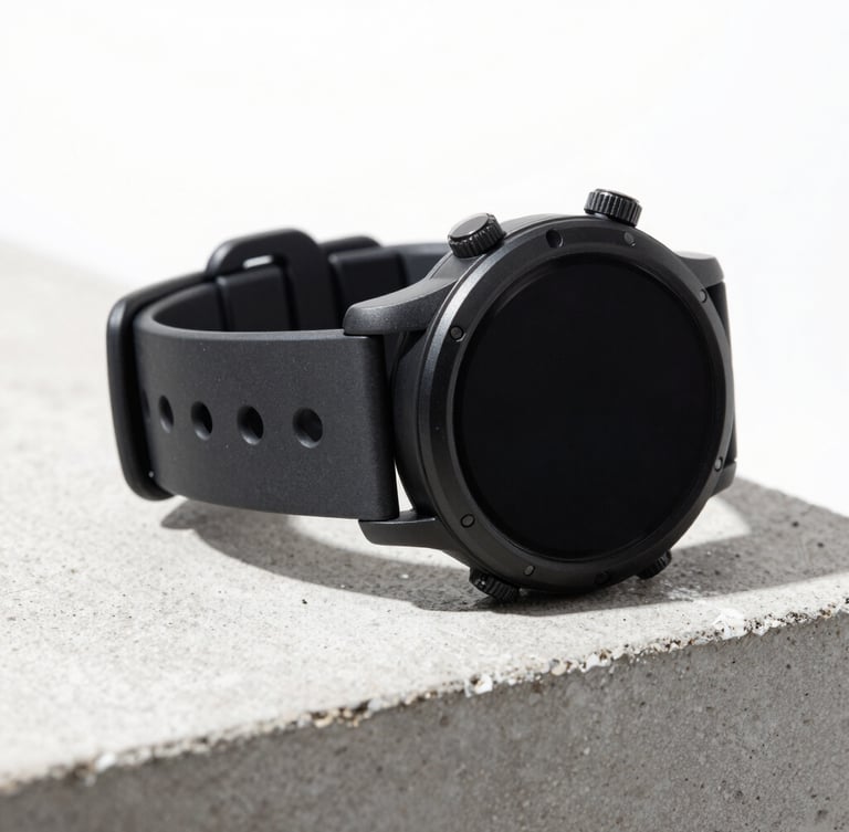 Close-up of a rugged black smartwatch on a concrete surface, dramatic side lighting, high-contrast studio photography, white background