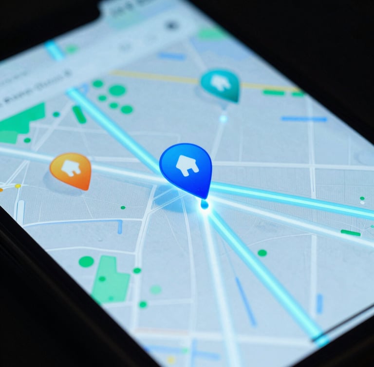 Macro close-up of a mobile screen displaying vibrant map pins and glowing data streams, cool cyan ambient lighting, high contrast, sharp focus, 35mm