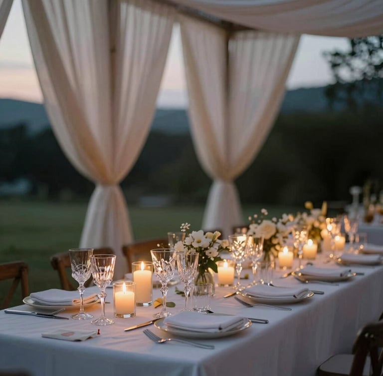 A beautifully set outdoor reception table at dusk, with soft linen drapes catching the breeze, delicate crystal glassware reflecting warm candlelight, and soft natural foliage in the background.