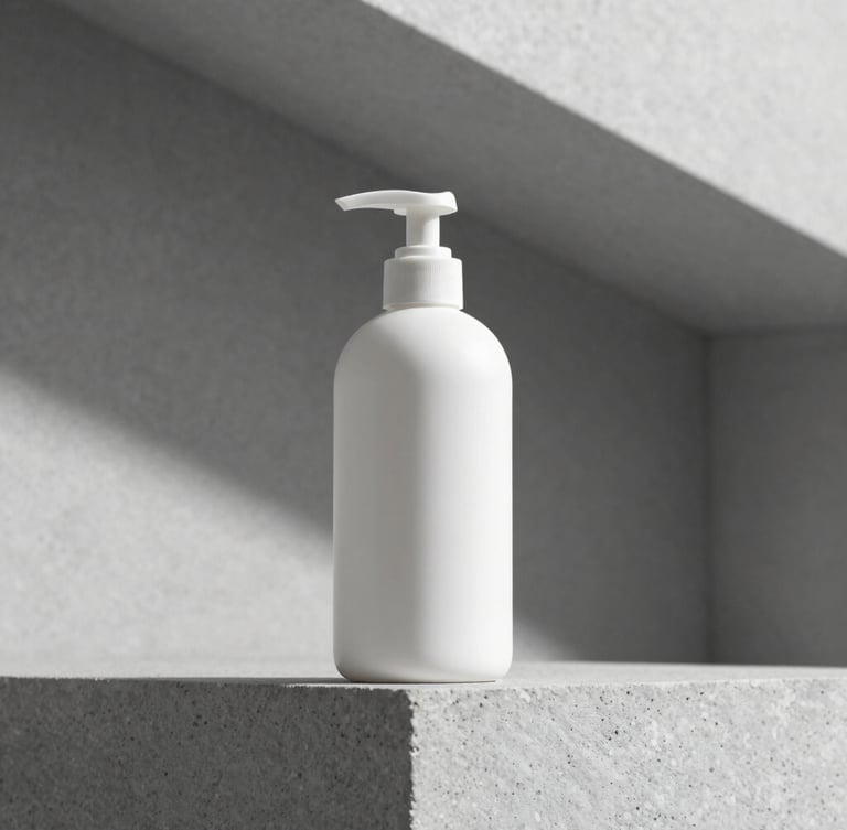 A minimalist white shampoo bottle resting on a stark stone ledge, sharp architectural lines, cool clinical lighting.
