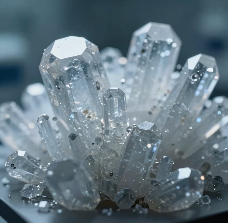 Macro close-up of high-purity crystalline structures under cool clinical laboratory lighting, sharp geometric facets, deep shadows, sterile scientific aesthetic