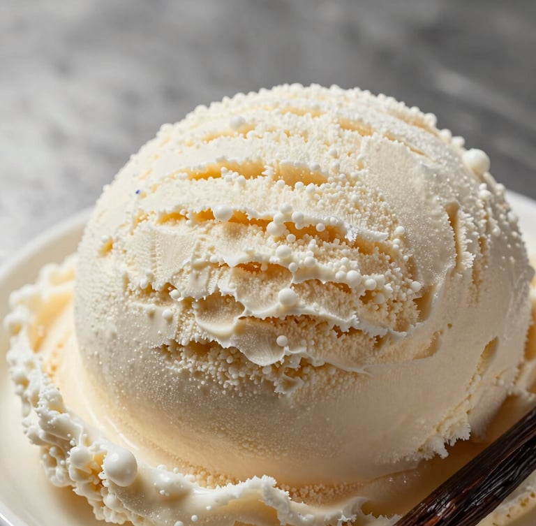 Extreme close-up of premium vanilla bean ice cream texture, cool clinical lighting, clean stainless steel background, macro shot.