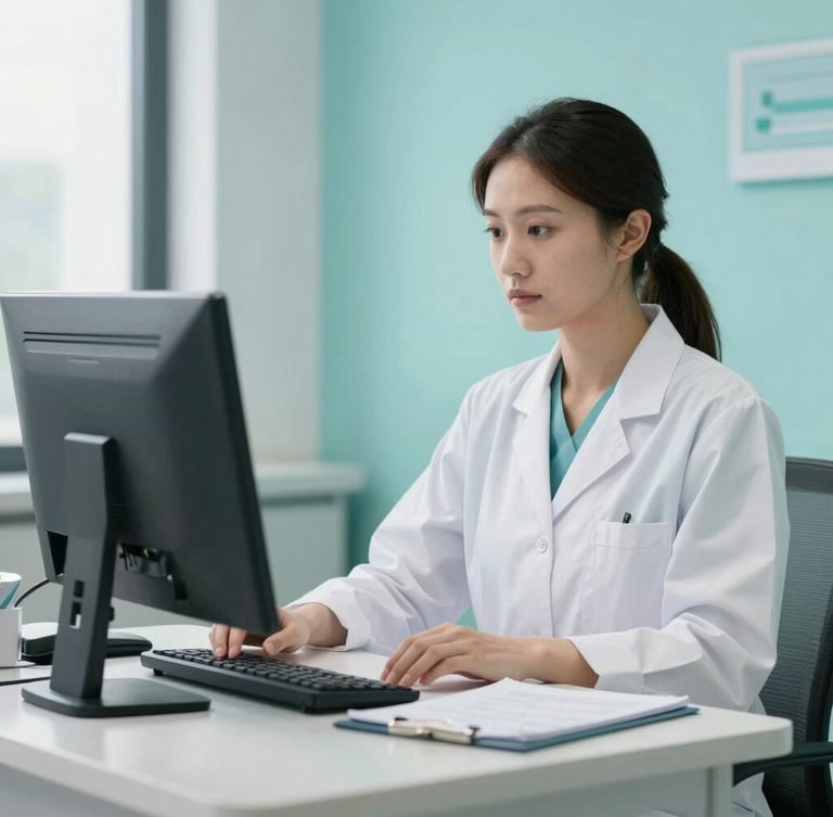 A professional billing specialist in a focused, collaborative medical office environment, cool slate and teal tones, sharp focus.