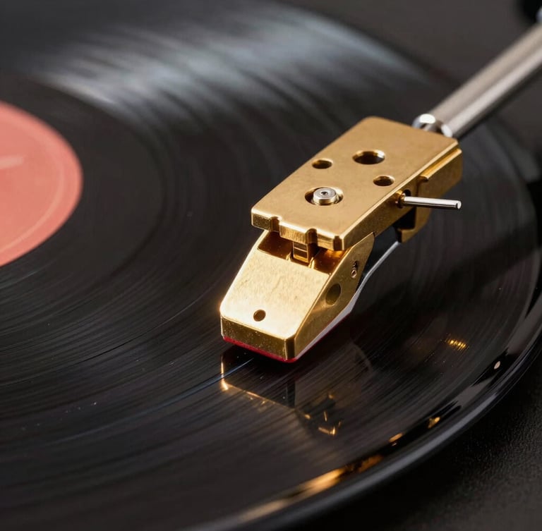 Extreme close-up of a high-end gold-plated record needle touching a vinyl groove, dark obsidian background, sharp chiaroscuro lighting, warm gold atmospheric flare, cinematic wide-angle.