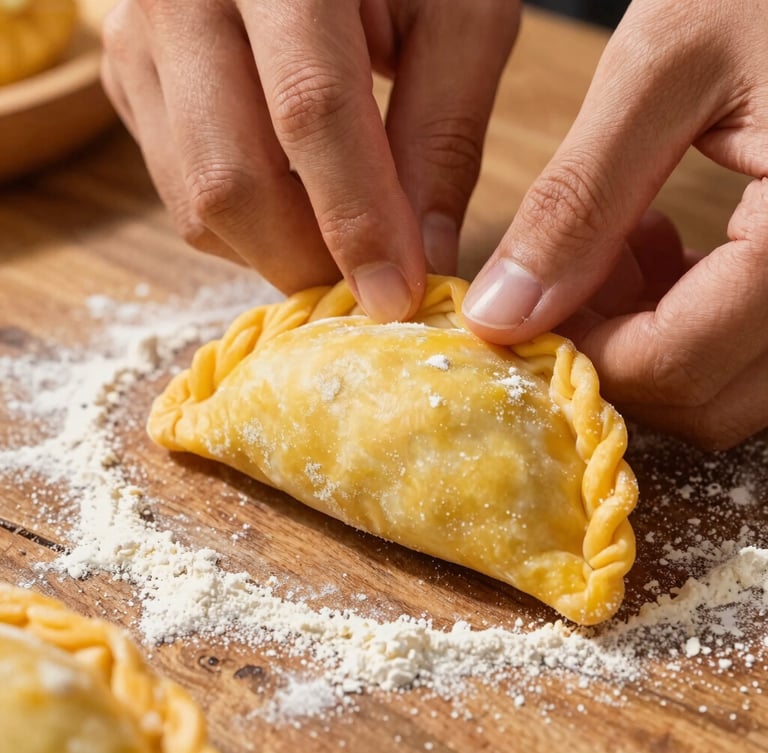 Tight macro shot of hands crimping the edge of a raw yellow corn dough empanada on a rustic wooden table, dusted with corn flour, warm side lighting.