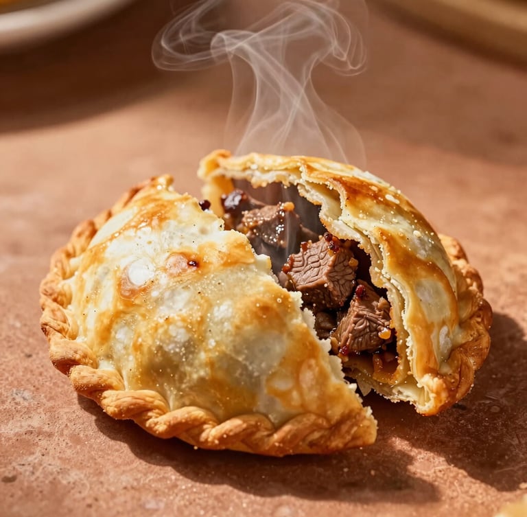 A close-up of a blistered golden empanada being broken open, steam rising from the seasoned beef filling, set against a rustic terracotta surface in direct, warm afternoon sunlight.