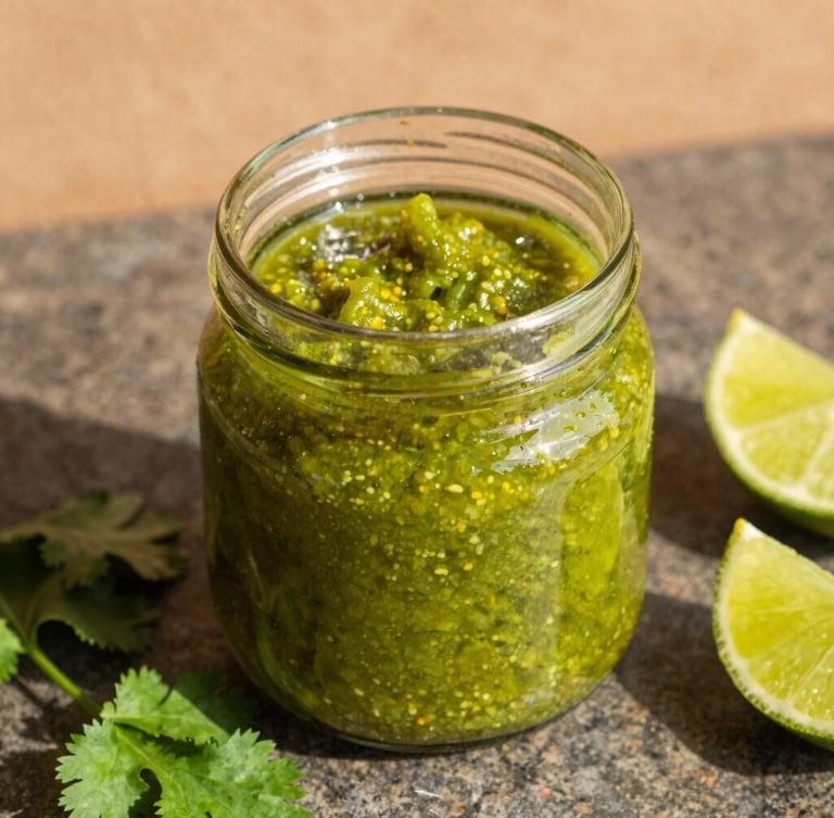 Close-up of a glass jar filled with vibrant green ají sauce, fresh cilantro leaves and lime wedges scattered on a dark stone counter, direct sunlight.
