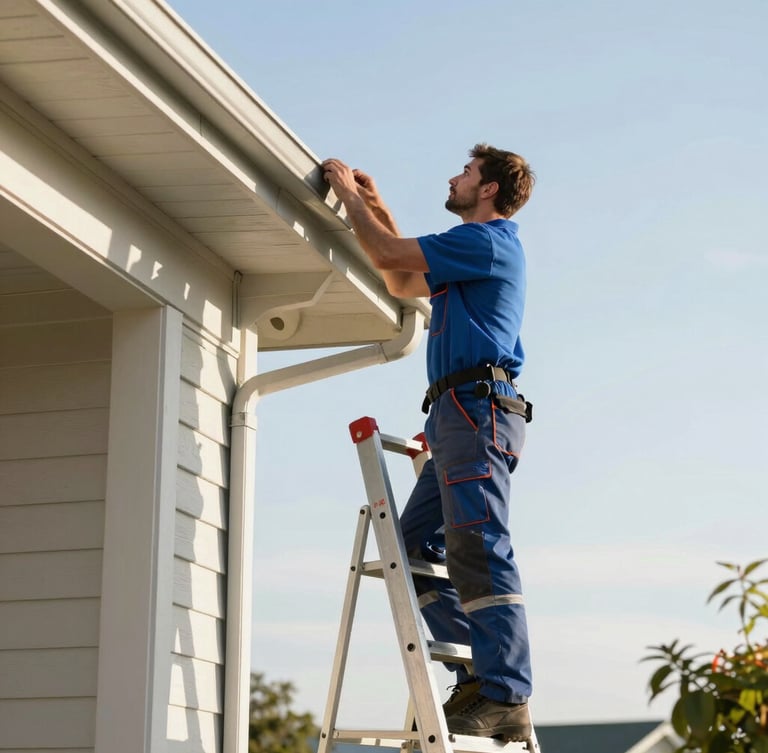 A professional technician safely standing on a stabilized ladder, cleaning home eavestroughs under bright morning sunlight, sharp focus, 35mm lens
