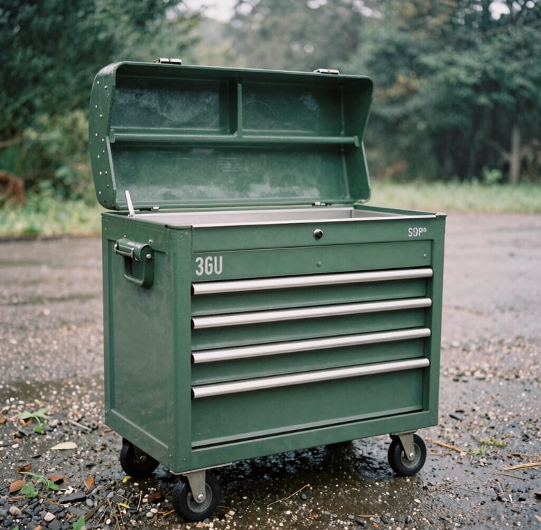A heavy-duty steel tool chest sitting on a damp gravel driveway, soft overcast morning light, desaturated forest green tones, 35mm film