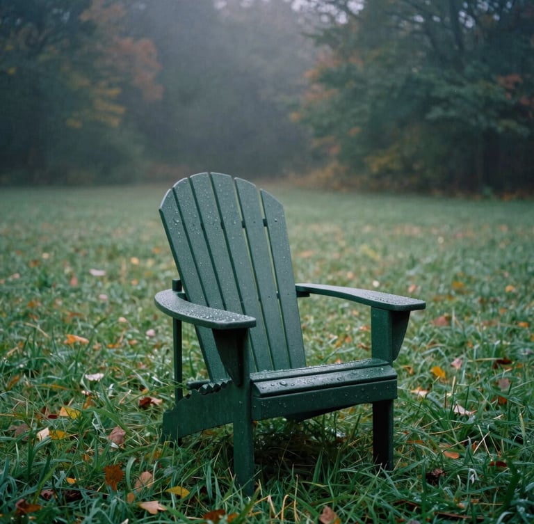 A dark green solid-state Adirondack chair sits on a dew-covered lawn during a misty, overcast autumn morning, desaturated forest green tones, 35mm film.