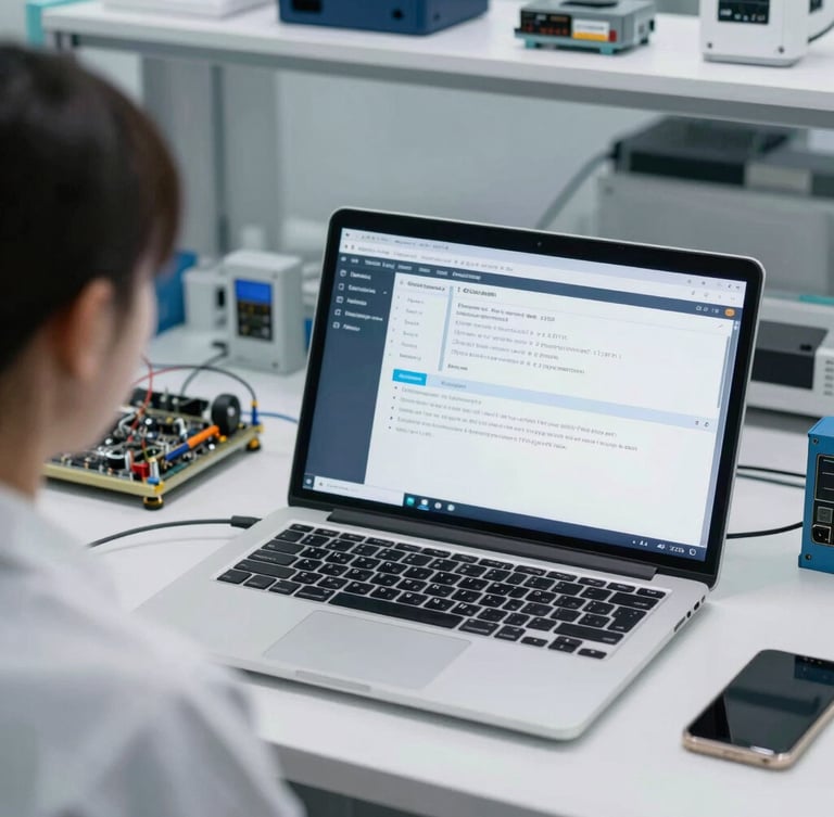 Over-the-shoulder view of clean diagnostic software running on a laptop screen in a modern, organized hardware repair lab, cool daylight.