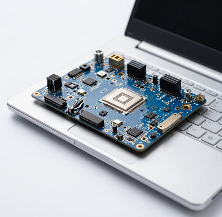 Crisp tech photography of an open laptop motherboard with precision tools, bright clean studio lighting, cool blue and white tones, sharp macro detail, 35mm