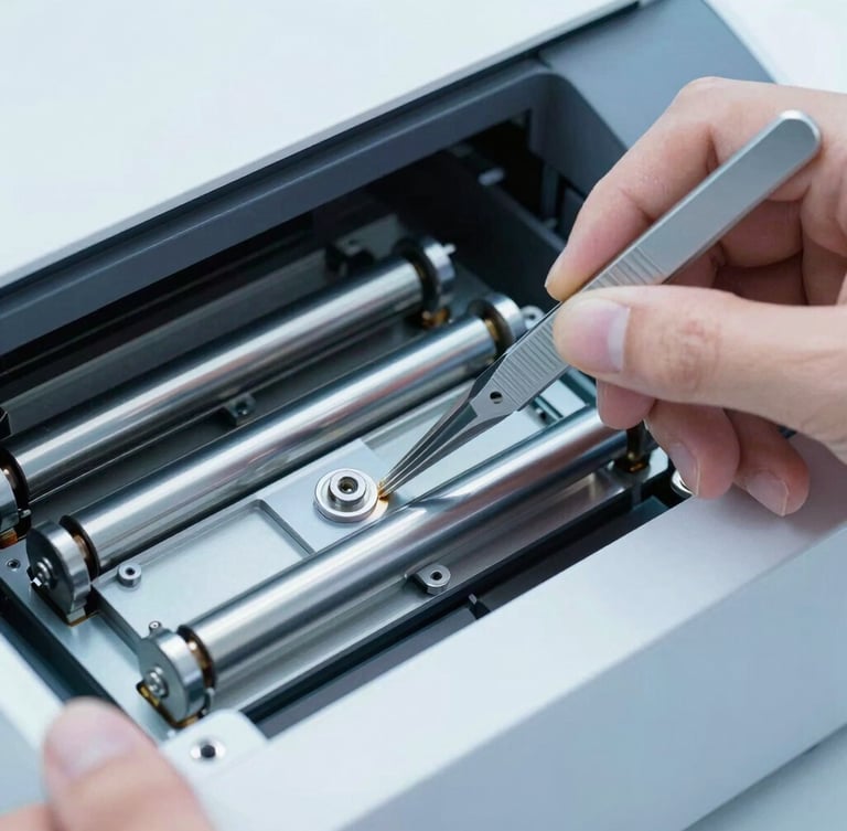 Macro shot of a technician using precision tweezers to adjust the internal rollers of a disassembled laser printer, bright clean studio lighting, cool blue tones, 35mm