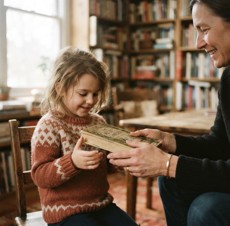 Warm editorial photography of hands passing a physical book to a child, soft natural window light, rich earthy tones, 35mm