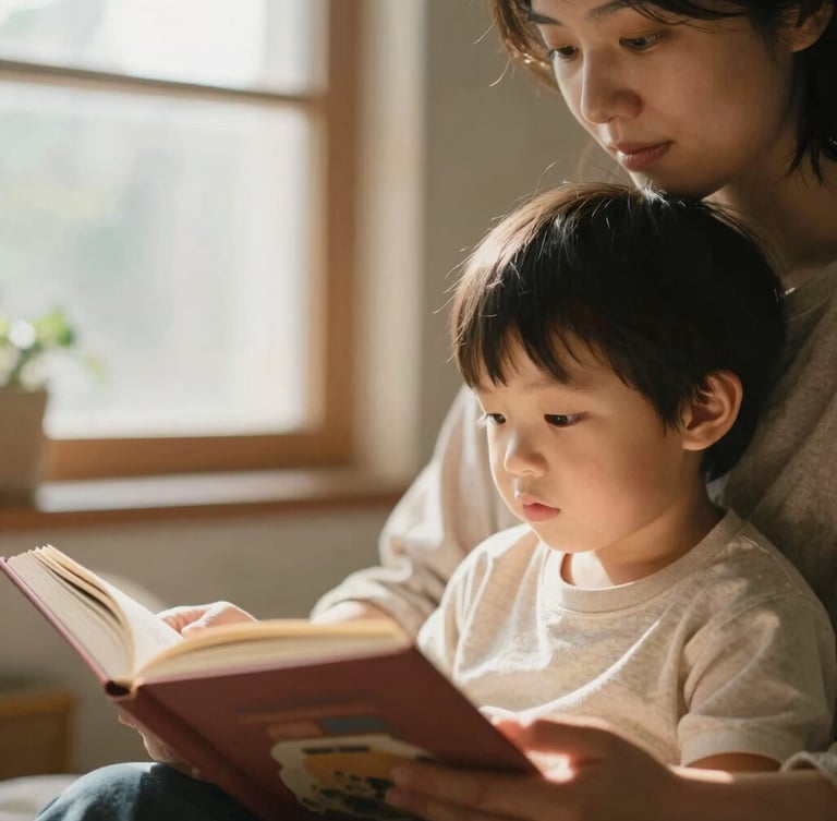 Medium close-up of a parent and young child reading a physical book together in a warm, sunlit room, soft natural window light, shallow depth of field, 35mm.