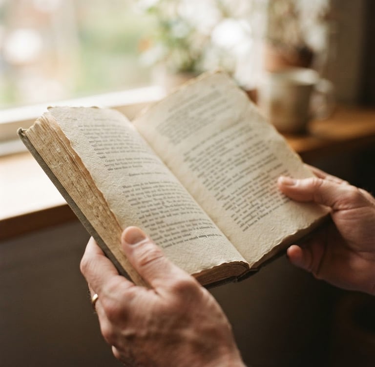A close-up photograph of hands holding an open physical book with textured paper, warm morning window light illuminating the pages, shallow depth of field, 35mm style.
