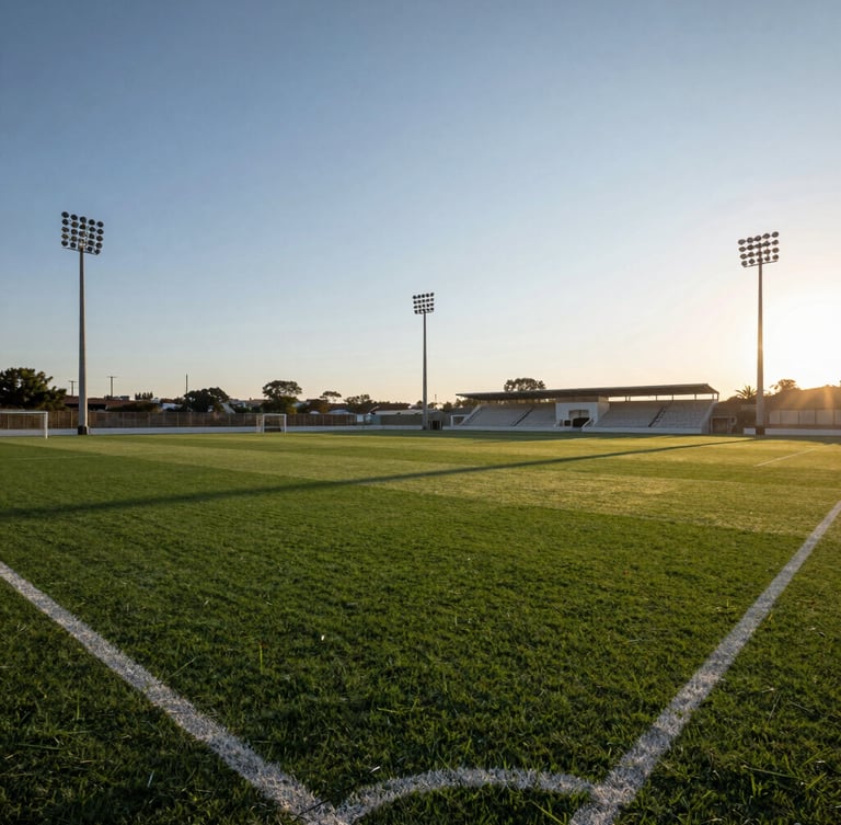 Low-angle wide shot of a modern green football pitch in Pompiano at sunset, dramatic late-afternoon stadium floodlights casting long shadows, deep green turf, clear sky.
