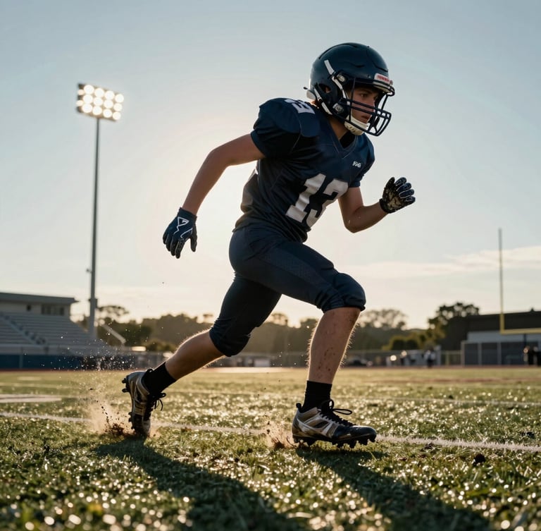Low-angle action shot of a young football player mid-stride on wet turf, mud splashing from boots, dramatic late-afternoon stadium floodlights casting long shadows, intense focus.