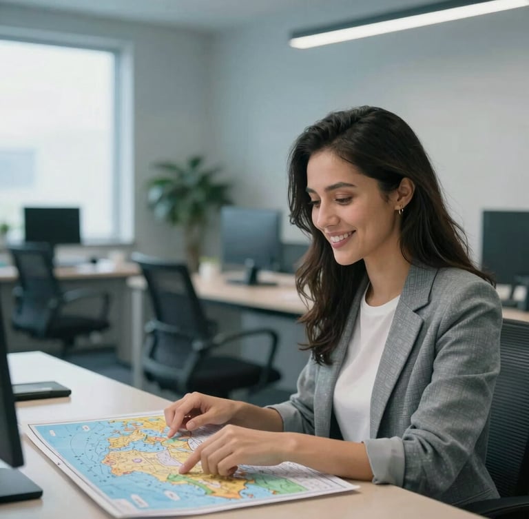 Uma consultora de viagens sorrindo, apontando para um mapa-múndi em um escritório moderno com tons de azul e cinza, luz natural, estilo editorial de viagem.