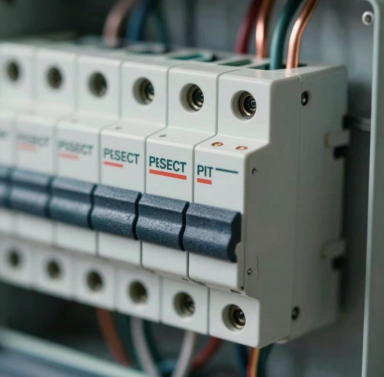 Macro close-up of a perfectly wired modern circuit breaker panel, clean copper lines, high-contrast technical lighting