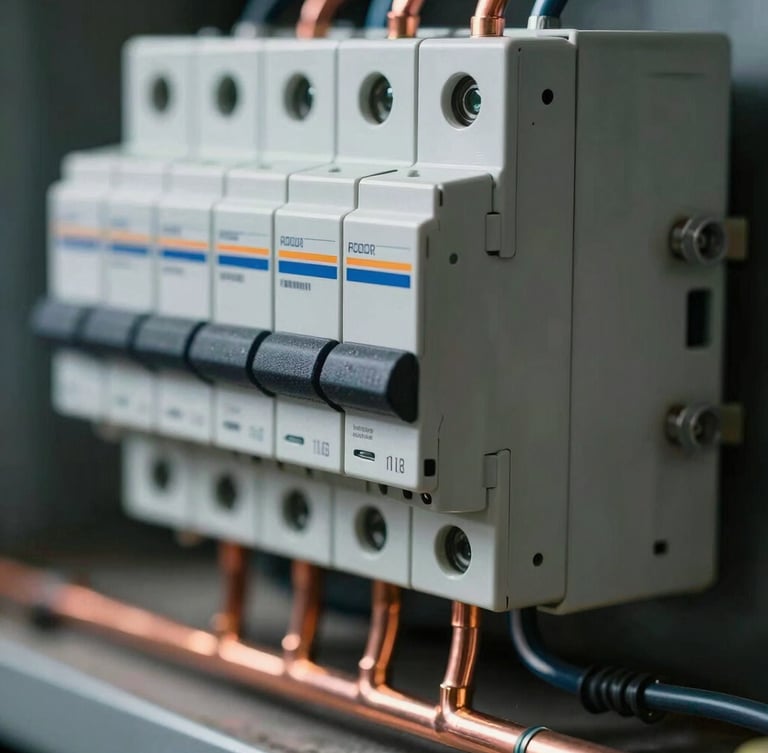 Macro close-up of a newly wired commercial breaker panel, clean copper conduit runs, sharp technical alignment, high-contrast work-site lighting.