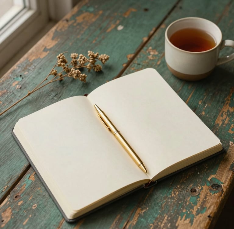 Close-up of hands holding a green leather planner next to a steaming ceramic mug of coffee on a wooden table, warm natural morning light.